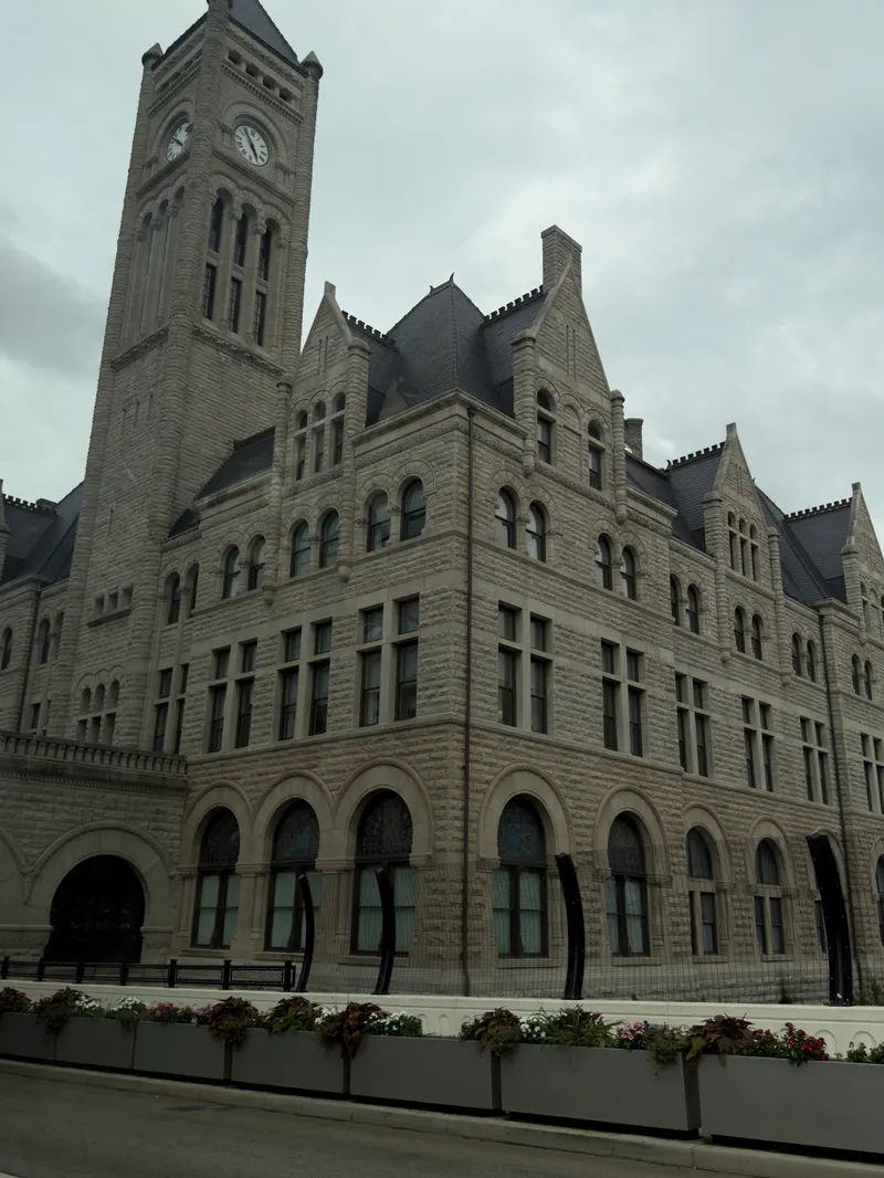 Stone building with a clock tower in Nashville.