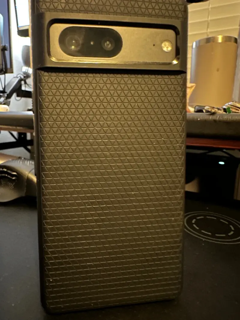 Google Pixel in a textured case.