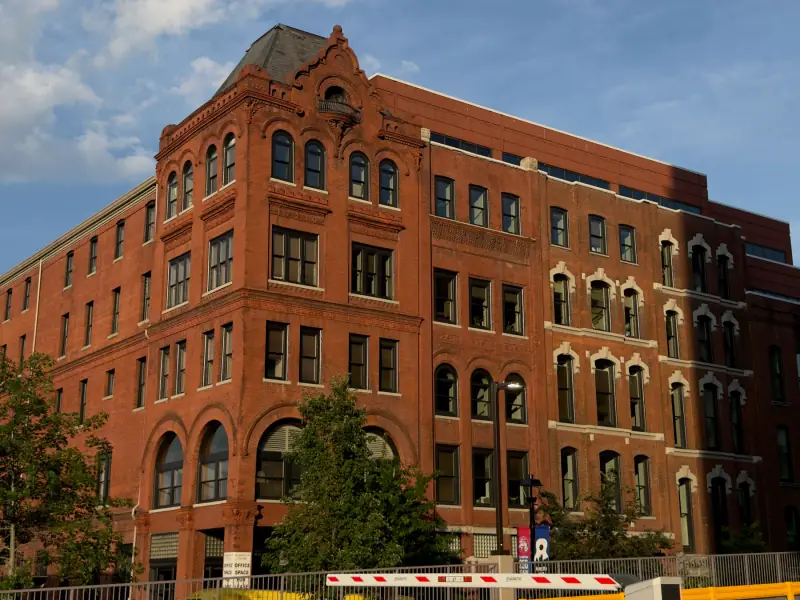 Red-brick storefronts in Nashville.