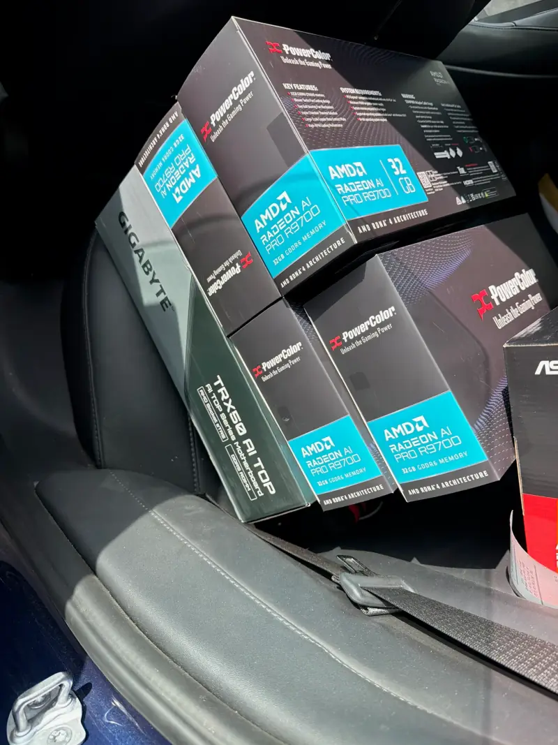 PC components packed into the car.