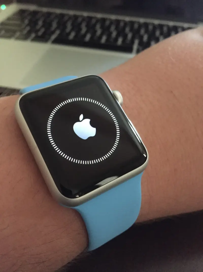 My Apple Watch with a blue Sport Band.