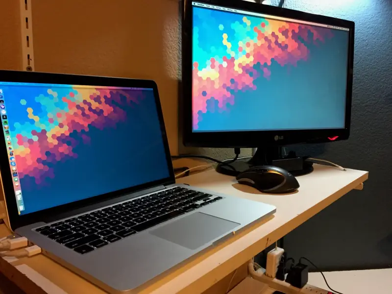 MacBook Pro with a portrait monitor.