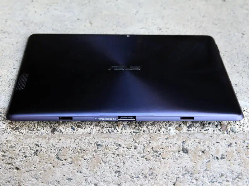 The brushed-metal back of the tablet.